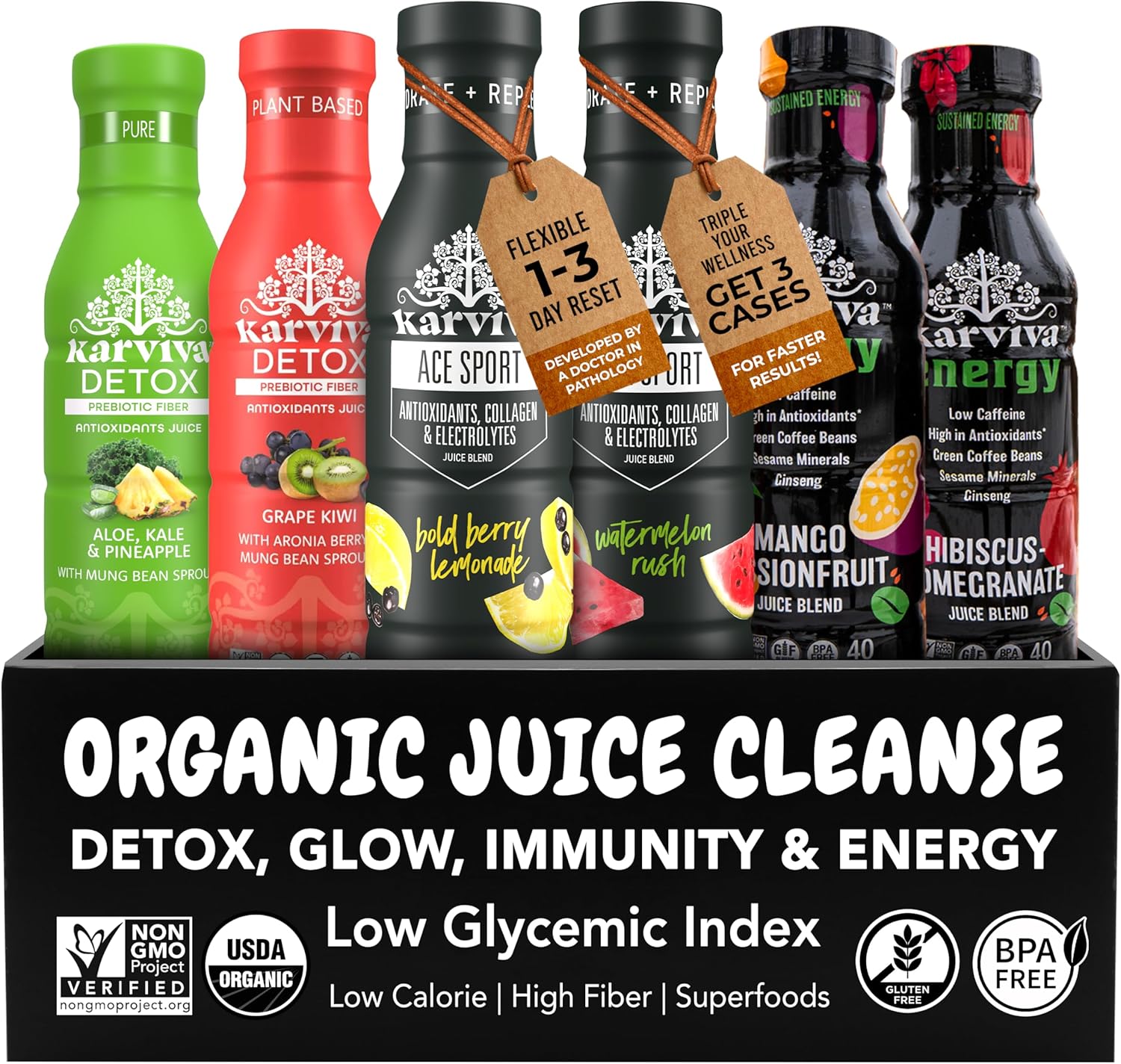 1-Day Juice Fasting, Collagen & Sustained Energy Pack | Ancient Remedies for Gentle Detox, Metabolism Boost | Prebiotics & Minerals, Antioxidants | Low Sugar | Organic, 6×12 fl oz BPA-Free Bottles