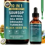 10-in-1 Soursop Bitters Liquid Drops for Gut Cleanse & Immune Boost & Detox with Sea Moss, Moringa, Black Seed Oil, Turmeric, Ashwagandha, VC,VD - 2 Fl Oz - Non-GMO, Vegan