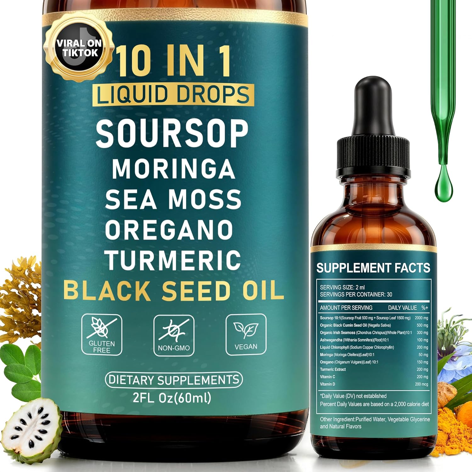 10-in-1 Soursop Bitters Liquid Drops for Gut Cleanse & Immune Boost & Detox with Sea Moss, Moringa, Black Seed Oil, Turmeric, Ashwagandha, VC,VD – 2 Fl Oz – Non-GMO, Vegan