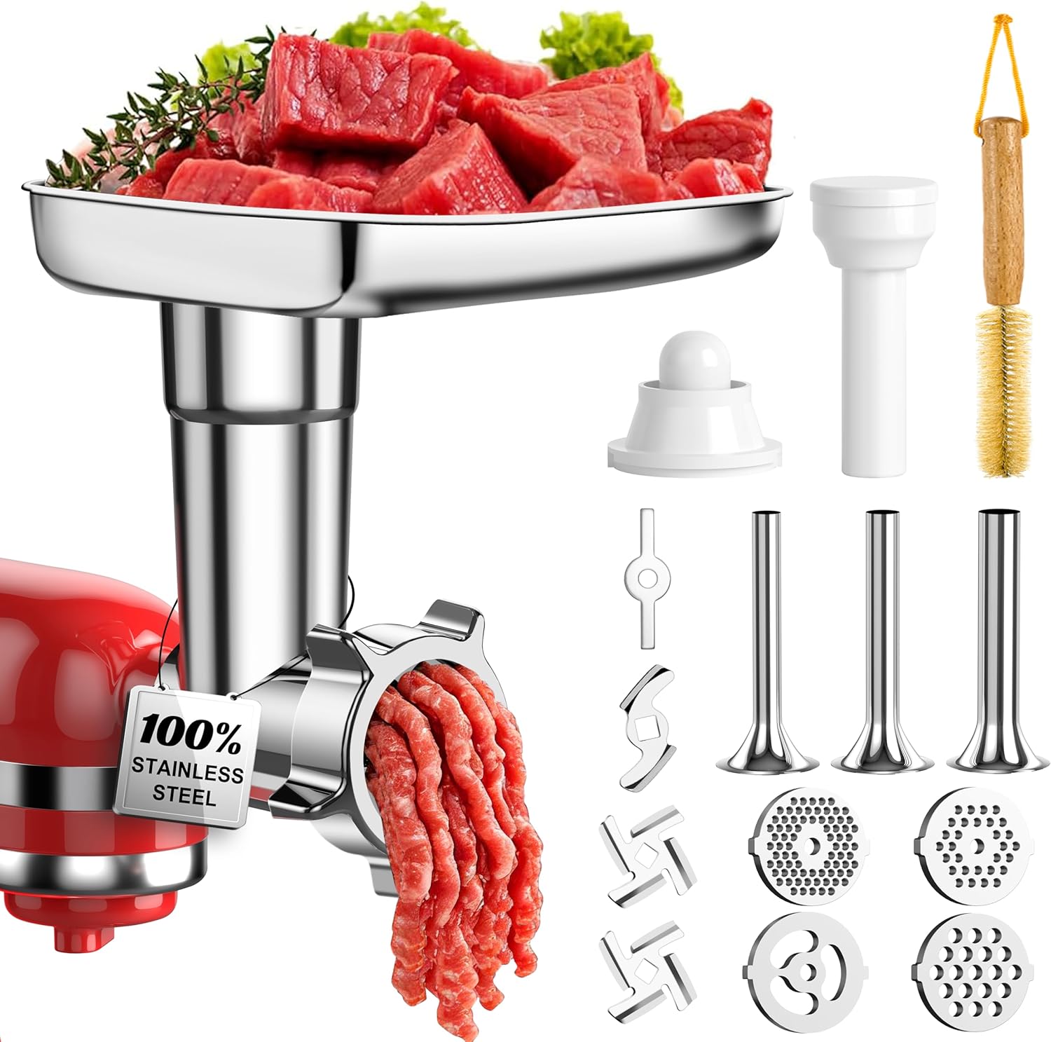 100% Polished Stainless Steel Meat Grinder Attachment for KitchenAid Mixer, Dishwasher Safe Food Grinder Attachment Anti-Corrosion, 18-Piece Set Includes 3 Seamless Sausage Stuffers, 4 Grinding Plates