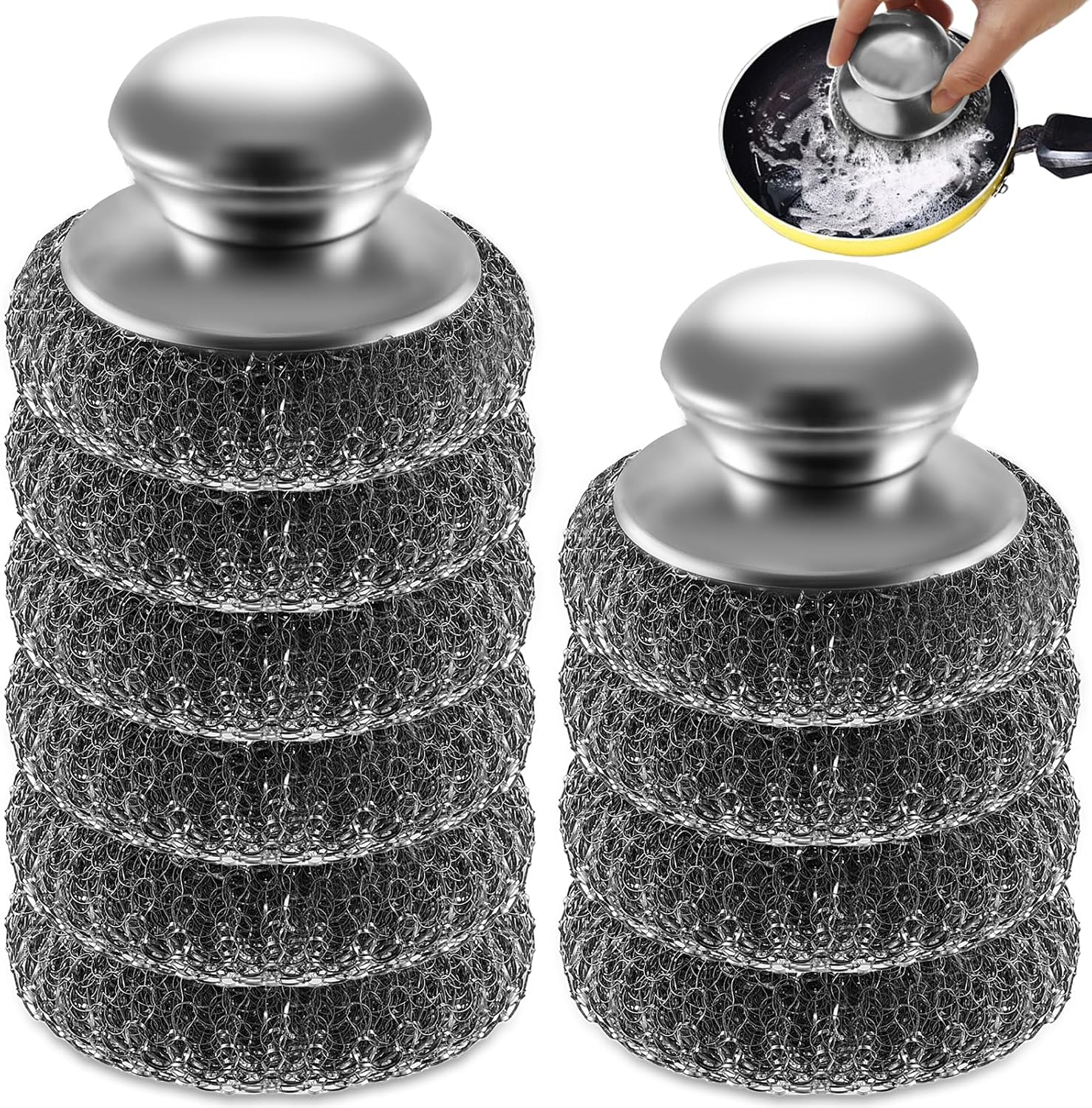 10Pcs Steel Wool Scrubber, Steel Wool Pads with 2Pcs Handle, Stainless Steel Scrubber for Dishes, Kitchen, Cleaning, Stoves, Pots and Pans, Grill, Wash Sink, Cleaning Dishes