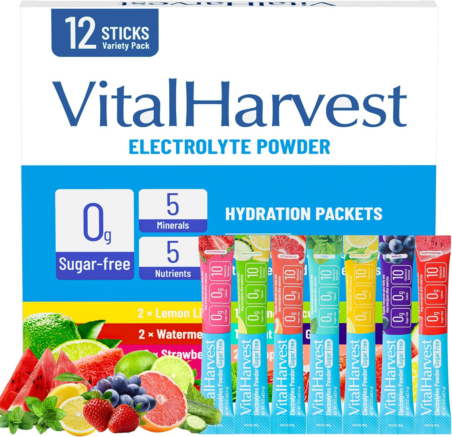12 Sticks Electrolytes Powder Packets 7 Flavors Sugar Free Hydration Packets Liquid Daily IV Drink Mix, Low Sodium, Lemon Lime, Watermelon, Strawberry, Grape, Grapefruit, Lemon Cucumber, Mint