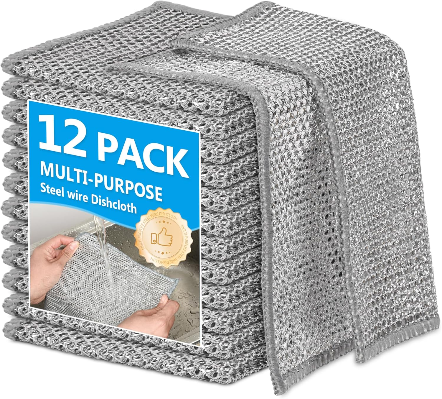 12Pack Multipurpose Wire Dishwashing Rags, Upgrade Non Scratch Wire Dishcloth, Silver Mesh Dish Cloths, Reusable Metal Mesh Cleaning Cloths, Steel Scrub Rags for Kitchen/Stove/Oven/Bath