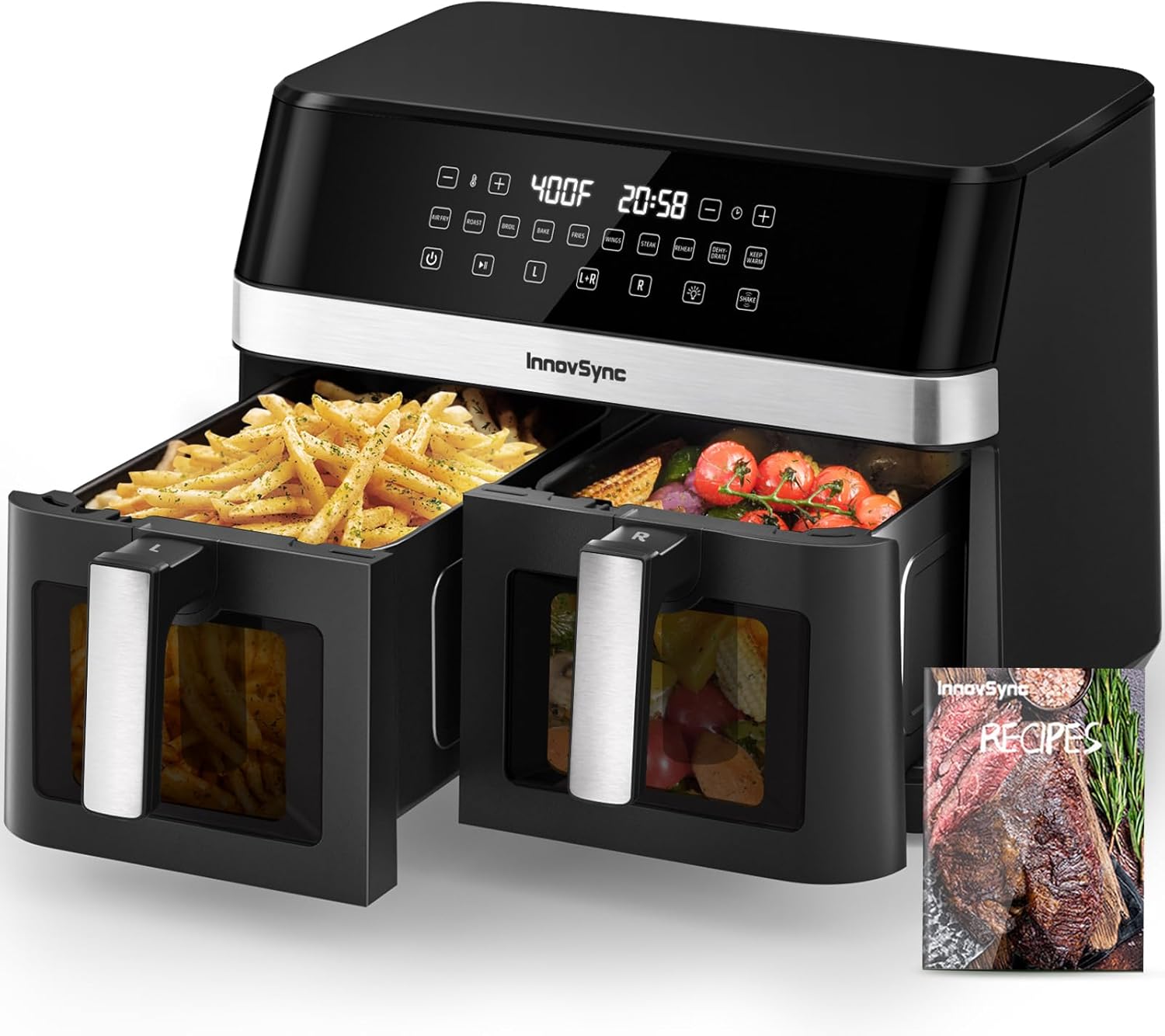 12QT Large Dual Air Fryer, 10-in-1 Double Zone Airfryer with 2×6QT Baskets, 60° Easy-Panel with Full Touchscreen, SyncCook Function, Viewing Window, Nonstick & Dishwasher Safe, 2 Dishes at Once, Black