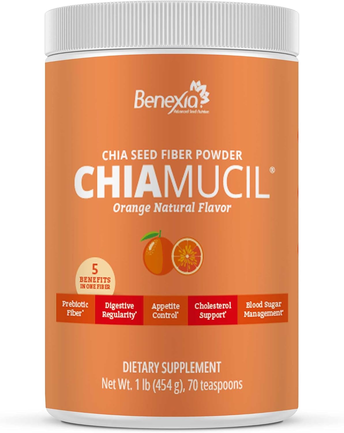 Chiamucil Prebiotic Fiber Supplement Powder – Chia Fiber & Chicory Root (Inulin) for Digestive Health & Appetite Control – Gluten & Sugar Free, Vegan, Non-GMO, Orange – 35 Servings