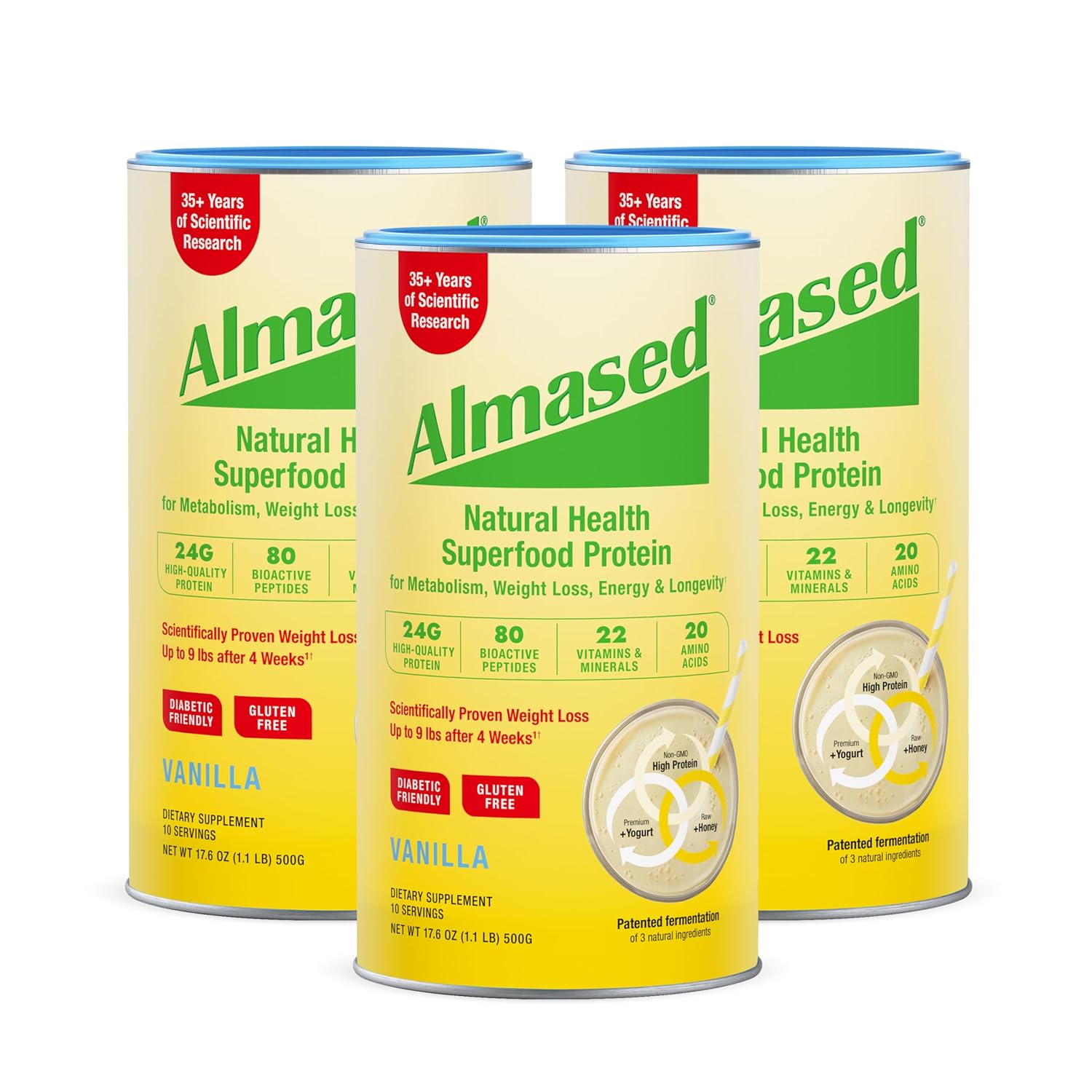 Almased Vanilla Meal Replacement Shake – Low-Glycemic High Plant Base Protein Powder- Nutritional Weight Health Support Supplement – Vanilla Flavor – 17.6 oz (1.1 Pound (3 Pack))