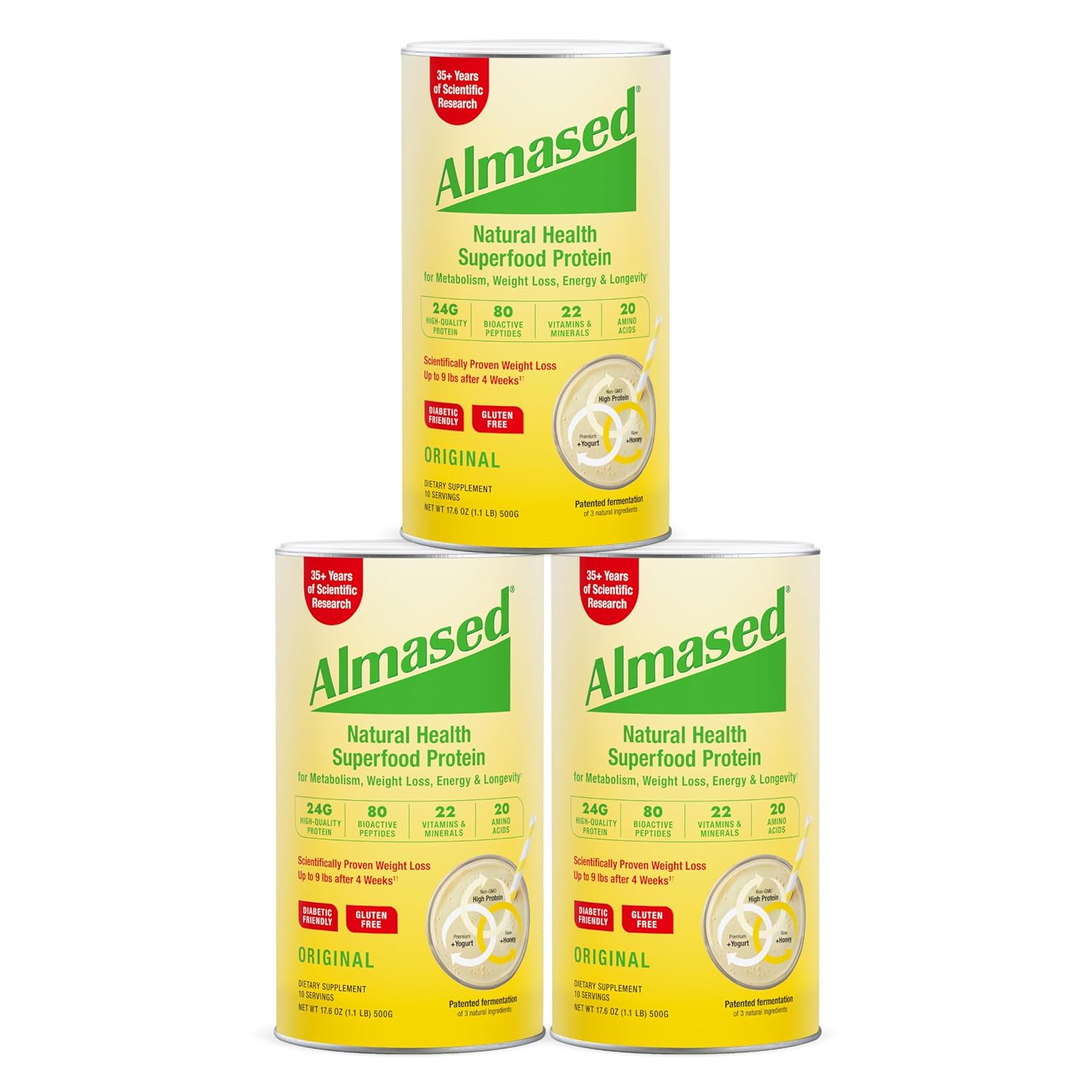 Almased Meal Replacement Shake – Low-Glycemic High Plant Base Protein Powder- Nutritional Weight Health Support Supplement – Original Flavor – 17.6 oz x 3 (3 Pack)