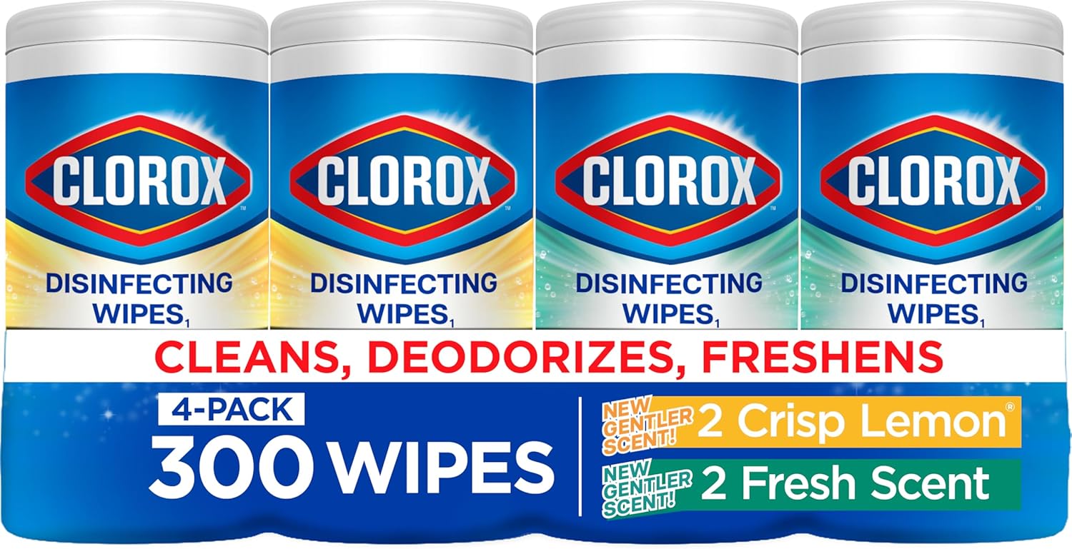 Clorox Disinfecting Cleaning Wipes for Spring Cleaning & Allergy Season, Bleach Free, Fresh Scent and Crisp Lemon, 75 Count Each, Pack of 4