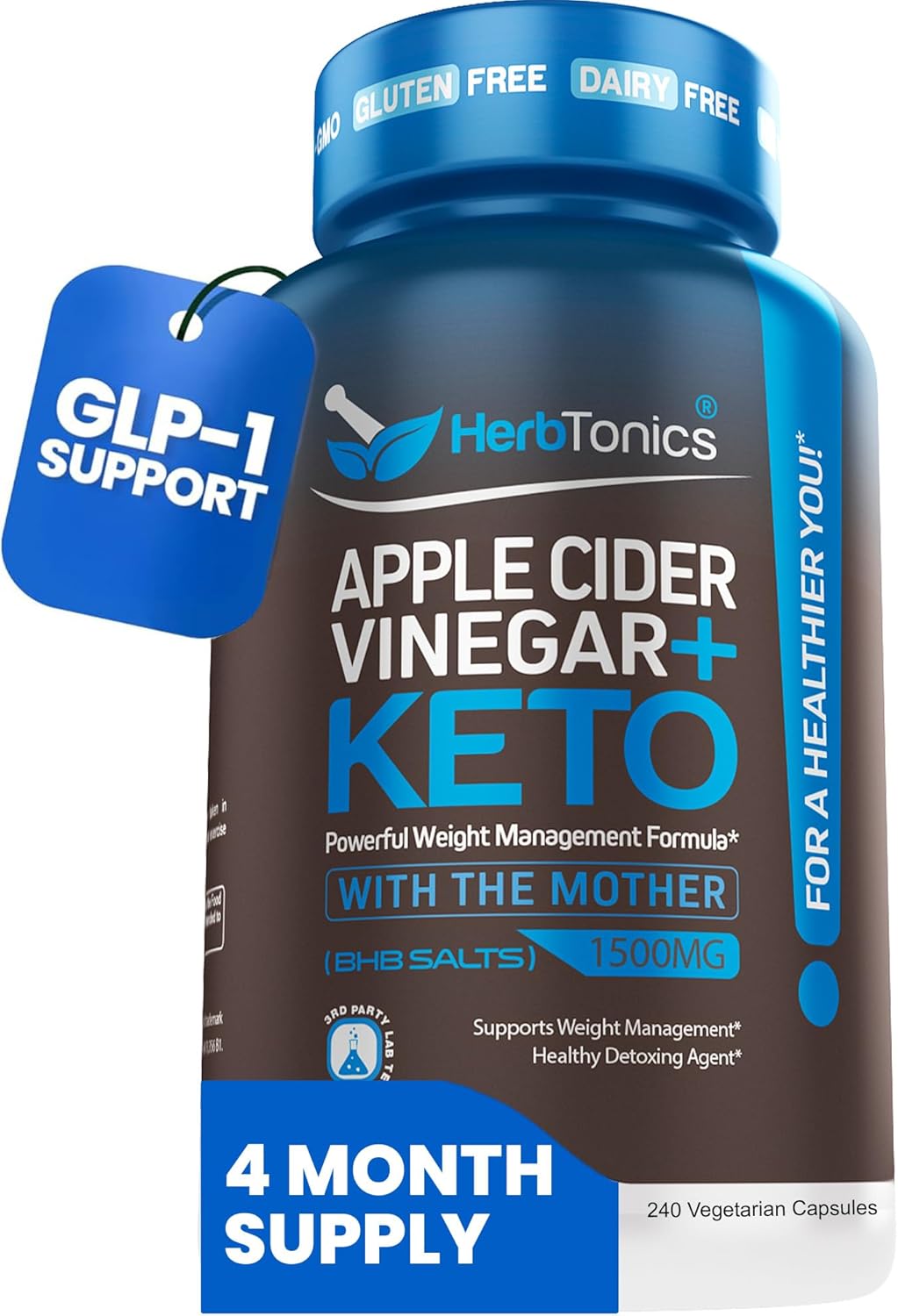 Herbtonics Apple Cider Vinegar + Keto BHB Capsules | GLP-1 Support for Appetite, Cravings & Weight Management | Metabolism Support with Satiety Support | 240 Capsules – 4 Month Supply