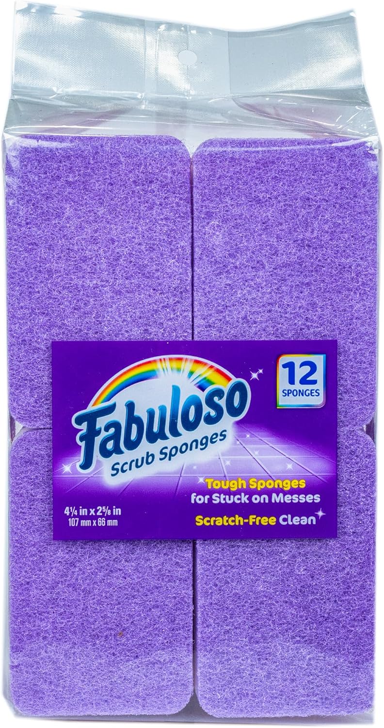Fabuloso Scratch-Free Kitchen Dish Sponges, Purple Cellulose Scrubber Sponge with Scouring Pad for Dishes, Pots, Pans, Counters and Sinks, Tough on Messes, 4.25 x 2.75 x 1.25 in, 12 Count