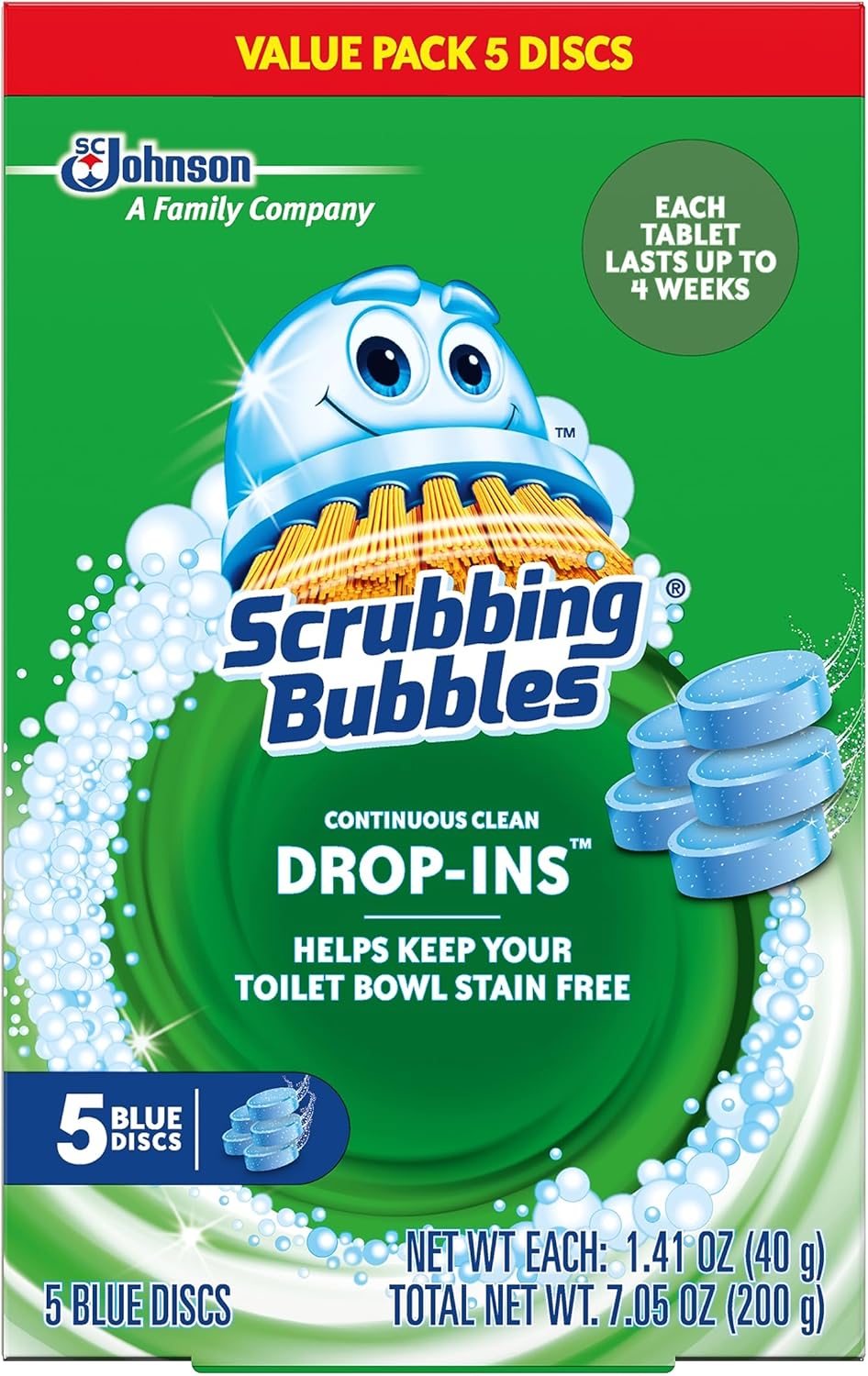 Scrubbing Bubbles Continuous Clean Toilet Drop-Ins, Automatic Blue Toilet Bowl Cleaner, Septic-Safe Tank Tablets Remove Hard Water Minerals & Limescale, Stain & Smell Protection, 5 Count (Pack of 1)