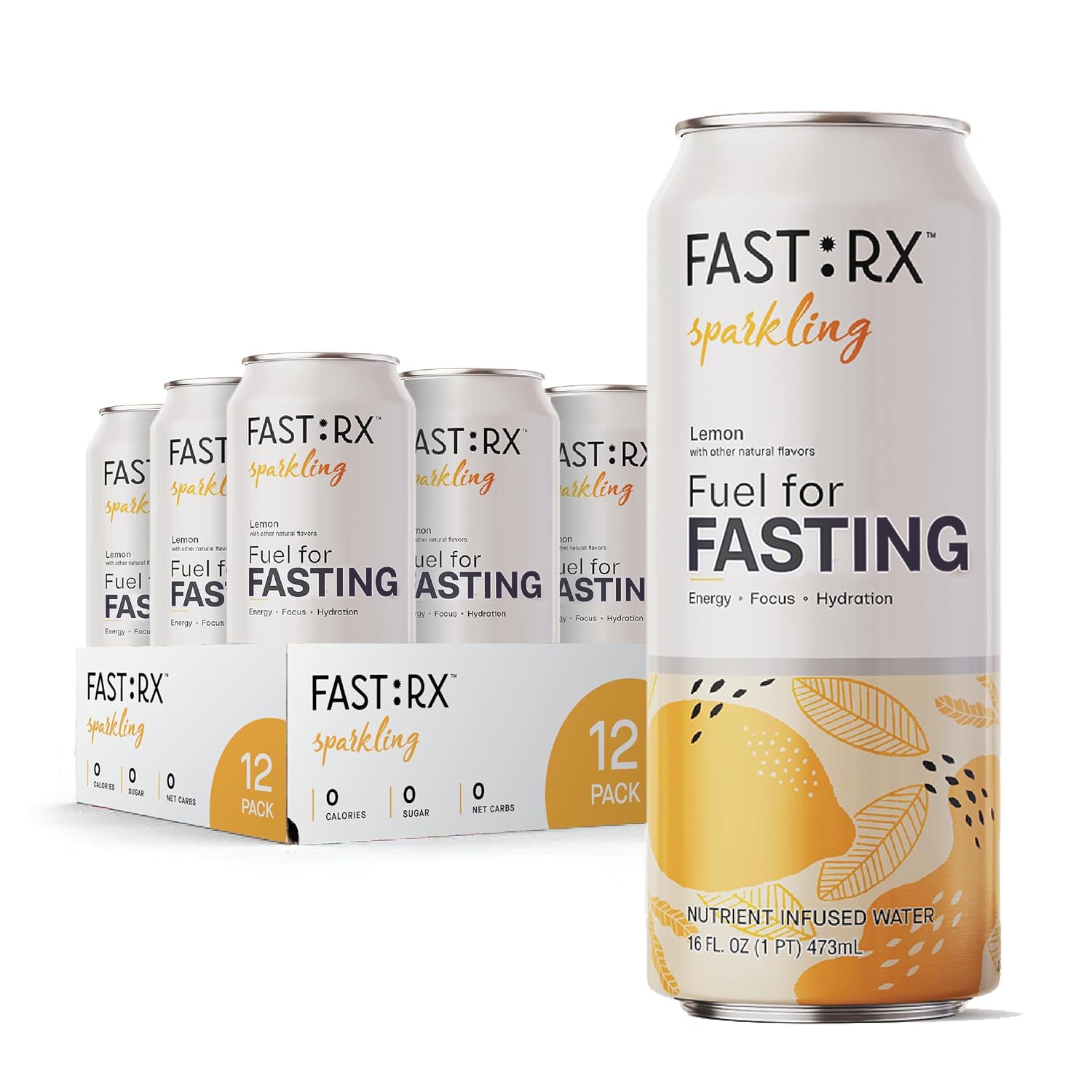 Fasting Electrolytes – Hunger Suppressant with Vitamins & Minerals – FAST:RX Lemon Sparkling – Sugar-Free – Zero Calories – Zero Carbs – 16Oz Can – 12 Pack