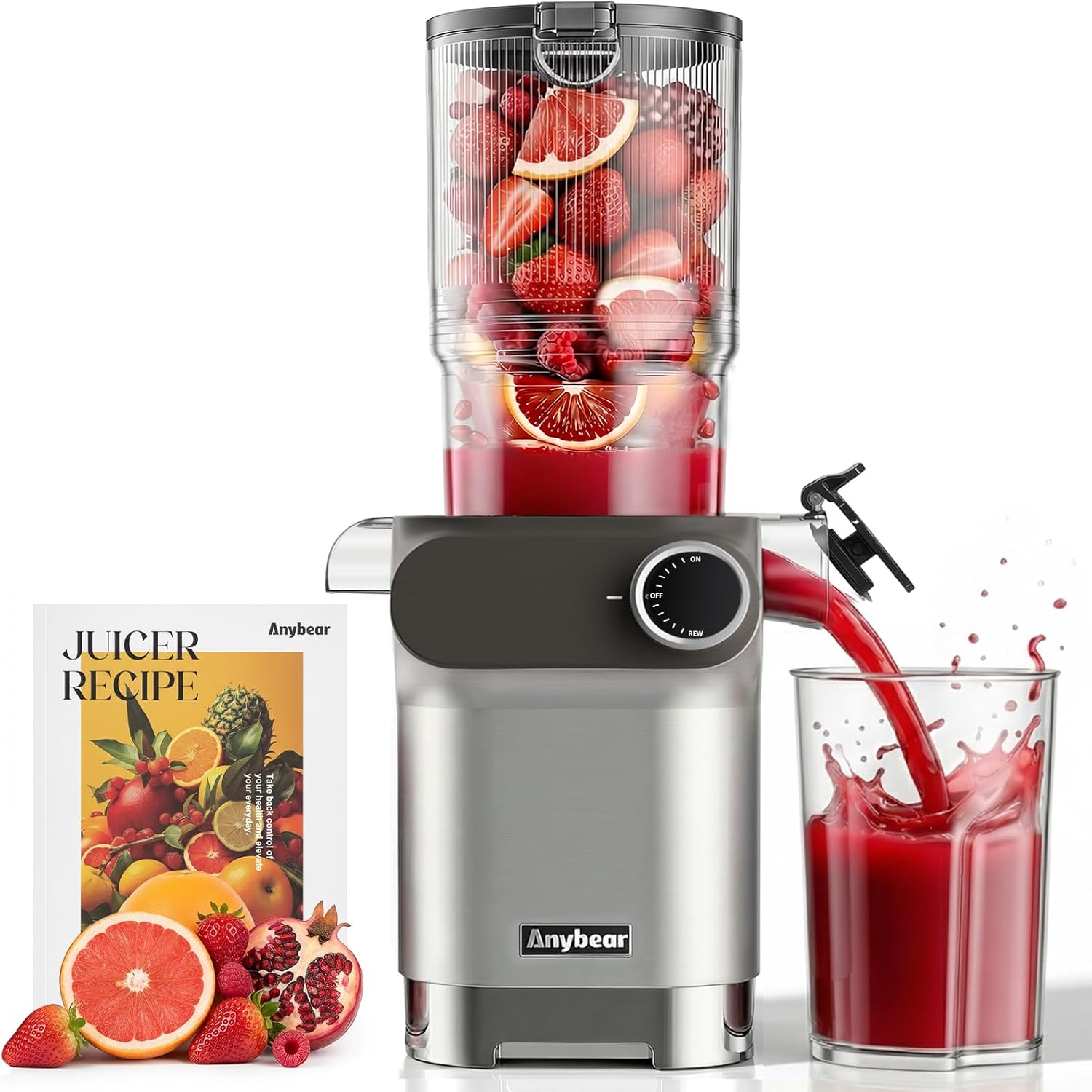 Anybear Cold Press Juicer 200W Masticating Slow Juicer 4.3″ Large Feed Chute Fit Whole Fruits Vegetables | Upgraded Auger | Tritan Material | BPA Free | Juice Recipes (Argent Gray)
