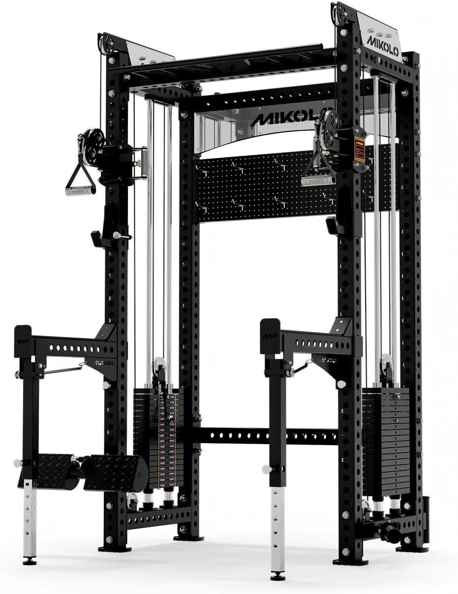 Mikolo Anubis-2.0 Smith Machine, 2000LBS Power Cage with LAT Pulldown&Cable Crossover, Multi-Function Trainer with Aluminum Pulley System for Fitness Home Gym
