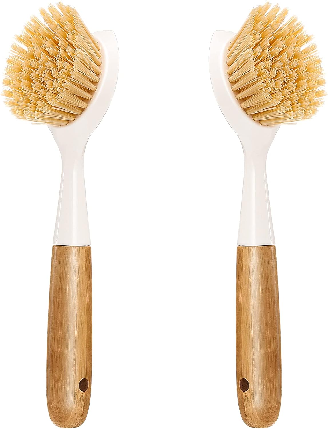 2 Pack Kitchen Dish Brush Bamboo Handle Dish Scrubber Built-in Scraper, Scrub Brush for Pans, Pots, Kitchen Sink Cleaning, Dishwashing and Cleaning Brushes are Perfect Cleaning Tools, White