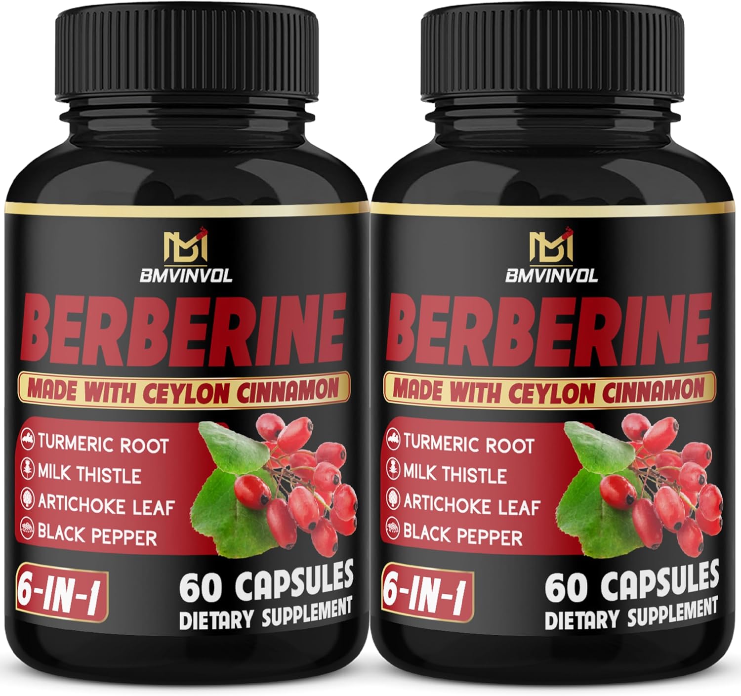(2 Packs) Berberine Supplement Plus Ceylon Cinnamon, Turmeric – 120 Capsules – Supports Immune Function – Berberine HCl Supplement Pills – 4 Months Supply