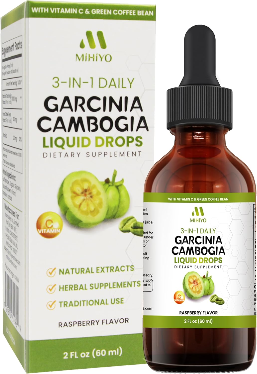 3-in-1 Garcinia Cambogia Liquid Drops – Natrual Extract with Green Coffee Bean & Vitamin C – Support Health and Wellness – Stronger Than Pills & Capsules – Natural Raspberry Flavor – 2 fl oz (60 ml)