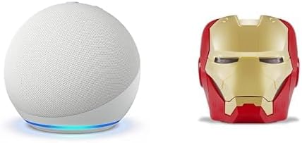 Echo Bundle: Like-New Amazon Echo Dot (newest model) | Glacier White and Limited Edition Marvel Iron Man Stand