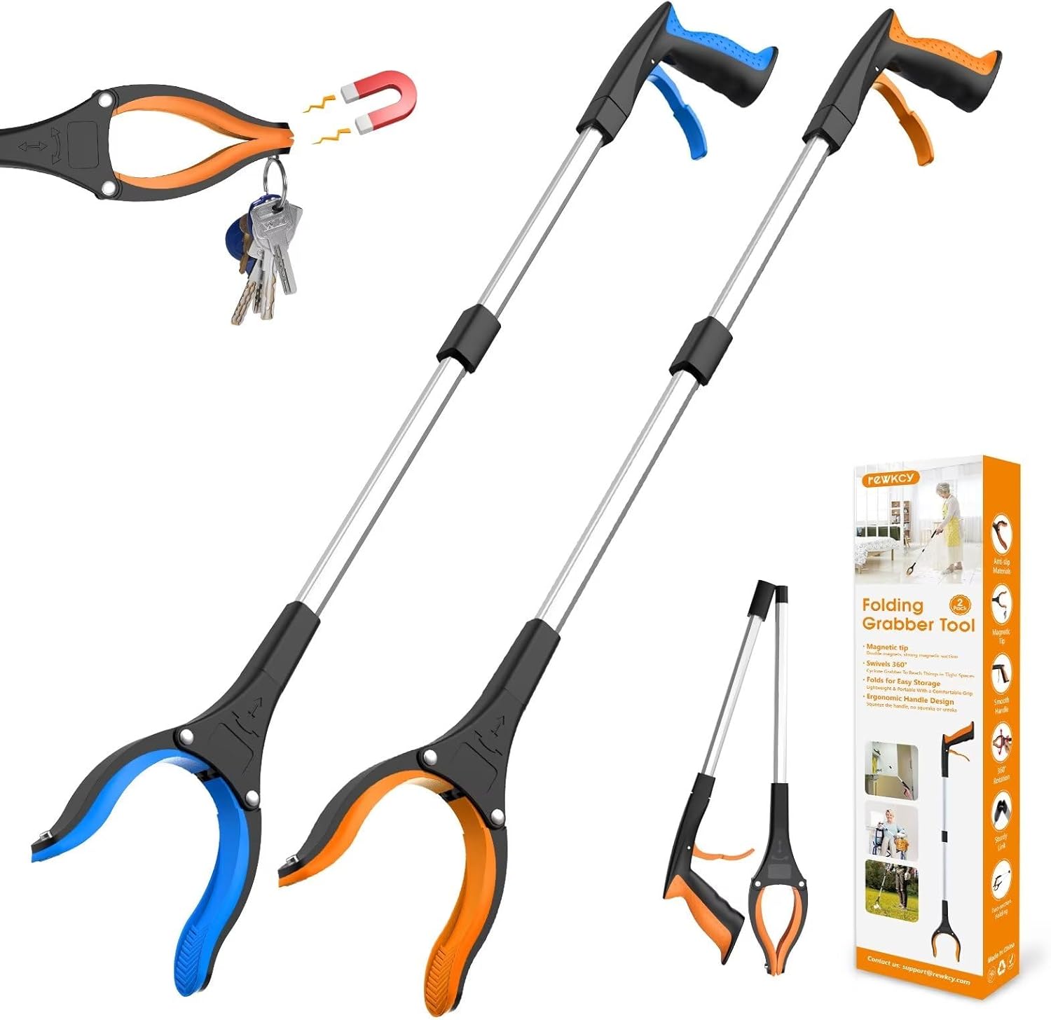 32″ Grabber Reacher Tool, 2-Pack Foldable Reacher Grabber Pickup Tool with 360° Rotating Jaw & Magnet, Trash Picker Upper Grabber, Lightweight Grabbers for Seniors Heavy Duty