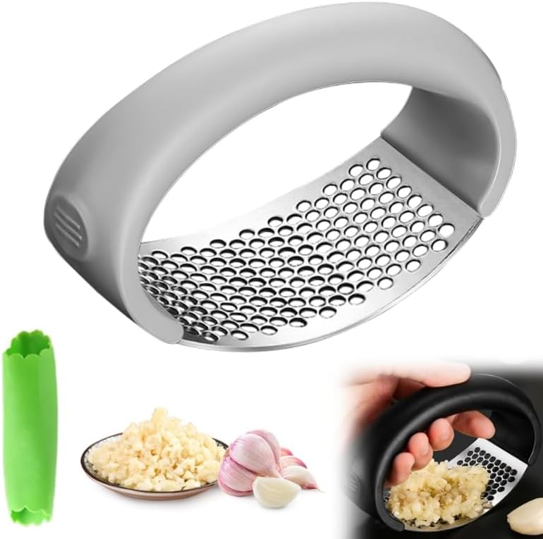 Garlic Press Rocker, Portable Manual Stainless Steel Garlic Press Rocker Crusher Masher with Garlic Peeling Drum for Home Kitchen Utensils (Grey)