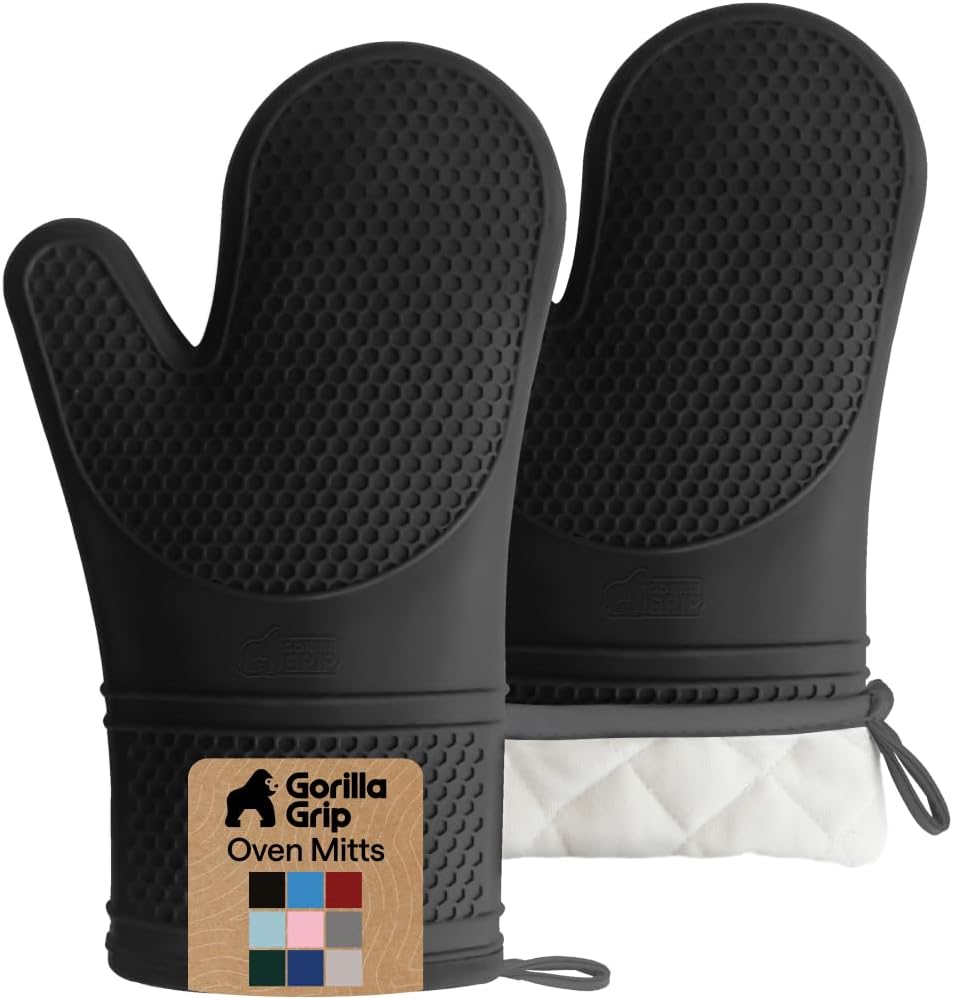 GORILLA GRIP BPA-Free Soft Silicone Oven Mitts, 550F Heat Resistant Waterproof Cooking Safety Gloves, Thick Cotton Lining, Flexible Gripping for BBQ Grilling, Kitchen Potholders Set, 12.5×8.3, Black