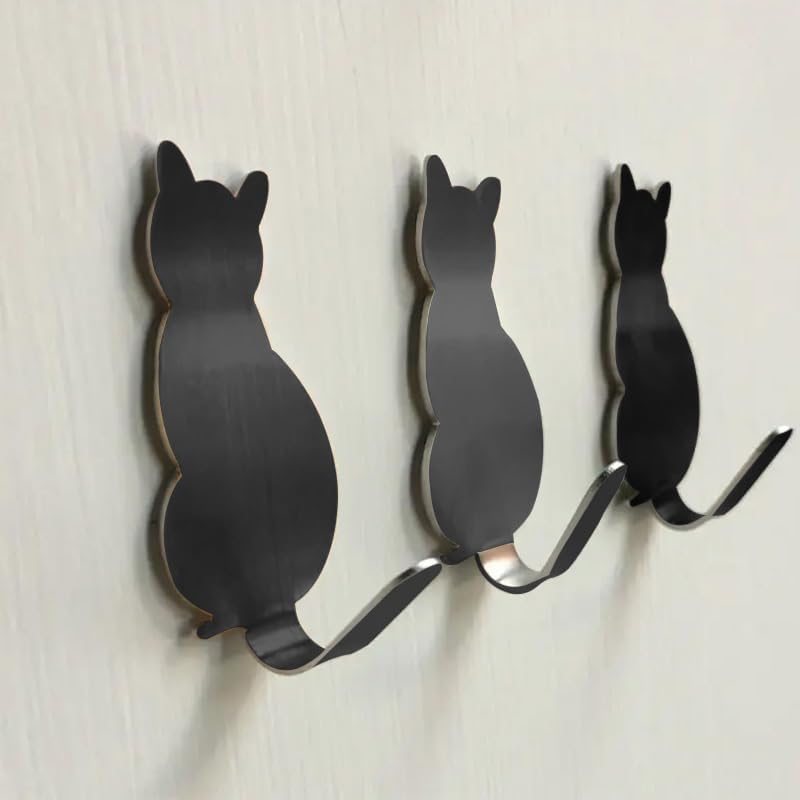 3pcs Cute Cat Shape Adhesive Wall Hooks – Stainless Steel Wall Sticker, Rustproof Key and Towel Hook – for Home, Kitchen, Bathroom – Ideal for Organizing & Storage, Black