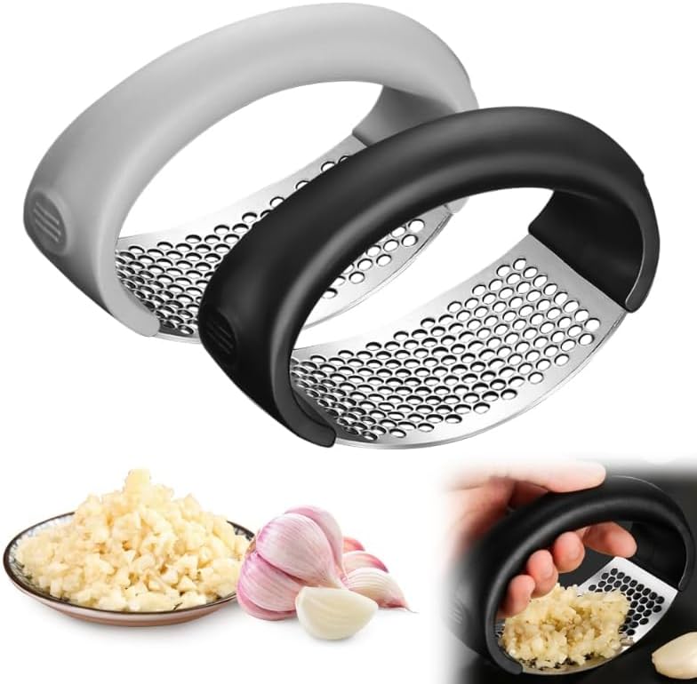 Garlic Press Rocker, Portable Manual Stainless Steel Garlic Press Rocker Crusher Masher with Garlic Peeling Drum for Home Kitchen Utensils (2 PCS)