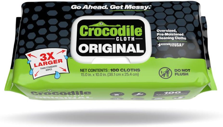 Crocodile Cloth Original Cleaning Wipes, Heavy-Duty Multi-Surface Hand & Tool Wipes, Water-Based, Safe on Skin, 100 Count, 15 x 10 Inch