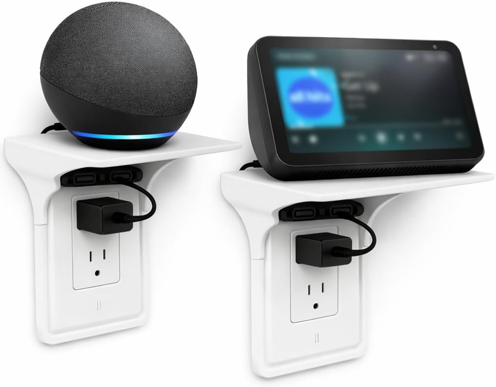 (2 Pack) Outlet Shelf – Wall Mount Organizer for Echo Dot, HomePod Mini, Alexa and Smart Home Devices – Bathroom Space Saver, Renter-Friendly for Kitchen, Bedroom, Office