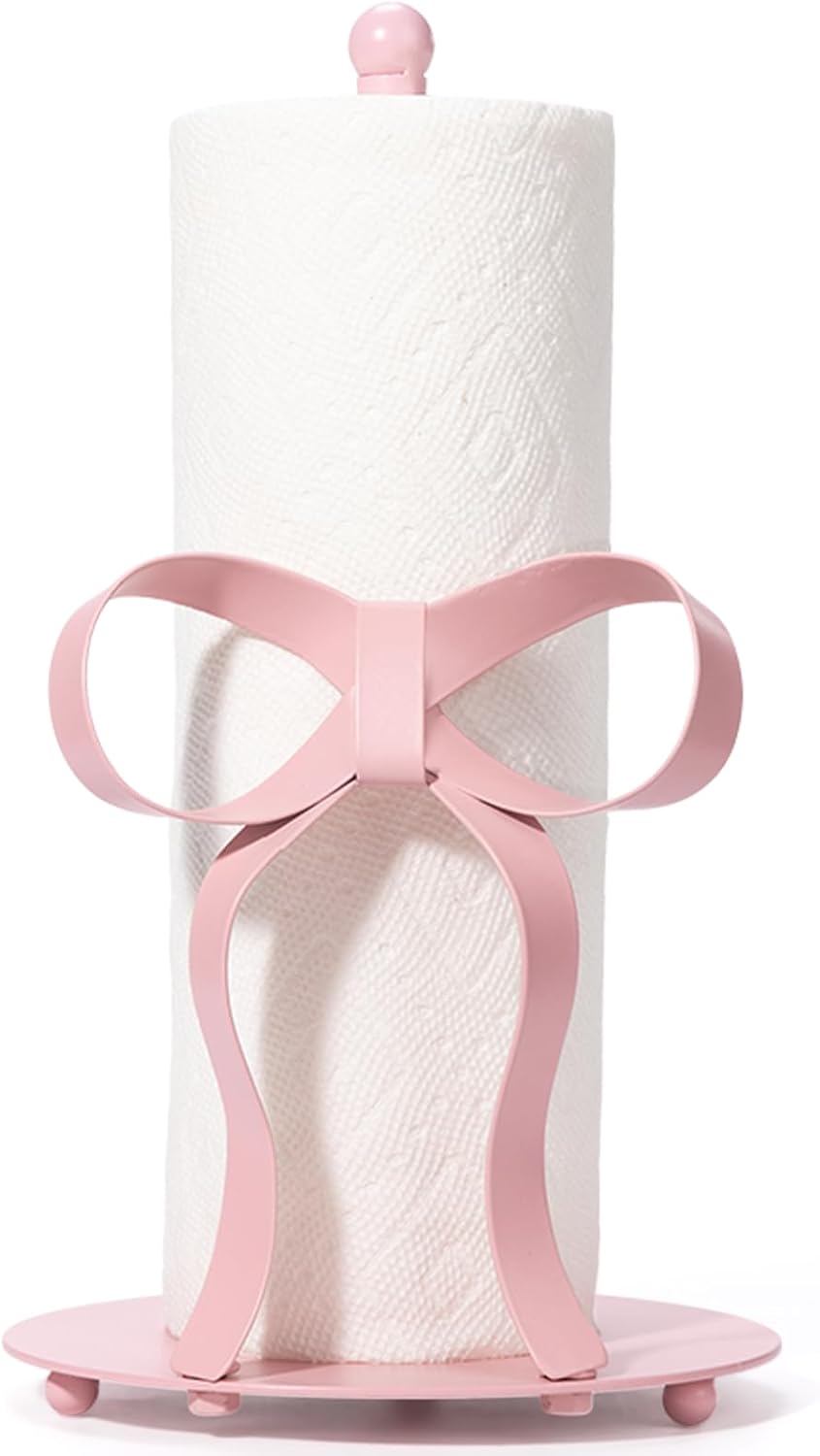 Pink Bow Paper Towel Holder Coutertop – Bow Accent Paper Towel Holder, Pink Kitchen Decor and Accessories, Coquette Room Decor Girly Gifts for Women, 3D Handmade Pattern, Weighted Base