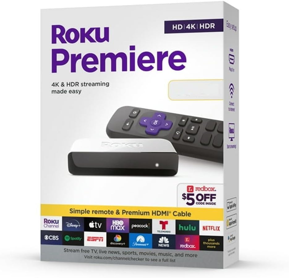 Roku Premiere Streaming Media Player HD/4K/HDR Simple Remote and Premium HDMI Cable, Black & Bundle Swanky Cables HDMI Cable, 3920R