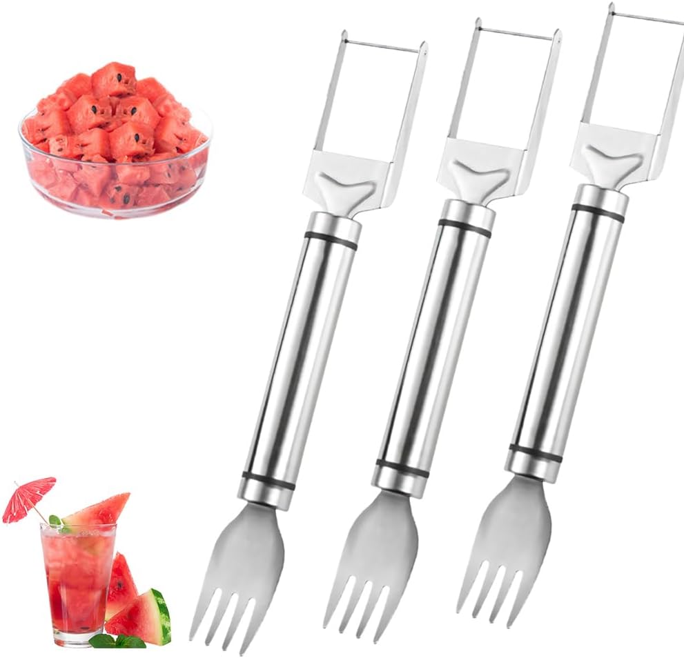 2026 Upgraded Stainless Steel Fruit Cutter, Kitchen Gadget Watermelon Fork Slicer Cutter Slicer Tool, Fruit Forks Slicer Knife Watermelon Cutter Fork (3 Pack)