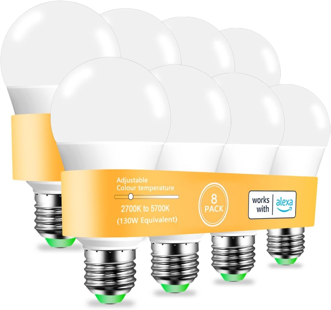 MELPO Alexa Light Bulb 130W Equivalent, Smart Light Bulbs Warm White to Daylight Tunable, A19 E26 Bluetooth LED Bulbs Controlled by BRmesh APP and Alexa only, Timing, Flicker-Free（8 Pack (8)