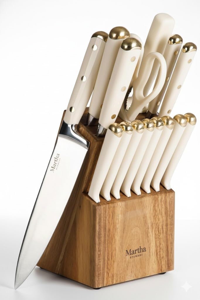 Martha Stewart Knife Block Set 16-Piece – Lockton High Carbon Stainless Steel Forged Full Tang Chef Knives, Acacia Wood Block, Triple Riveted Handles, Linen White & Gold