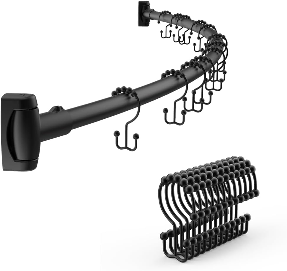 42-72 Inches Adjustable Arched Curved Shower Curtain Rod with 12 Pcs Shower Curtain Rings for Bathroom, Fitting Room, or Kitchen, Wall Drill Needed, Easy Installation, Matte Black