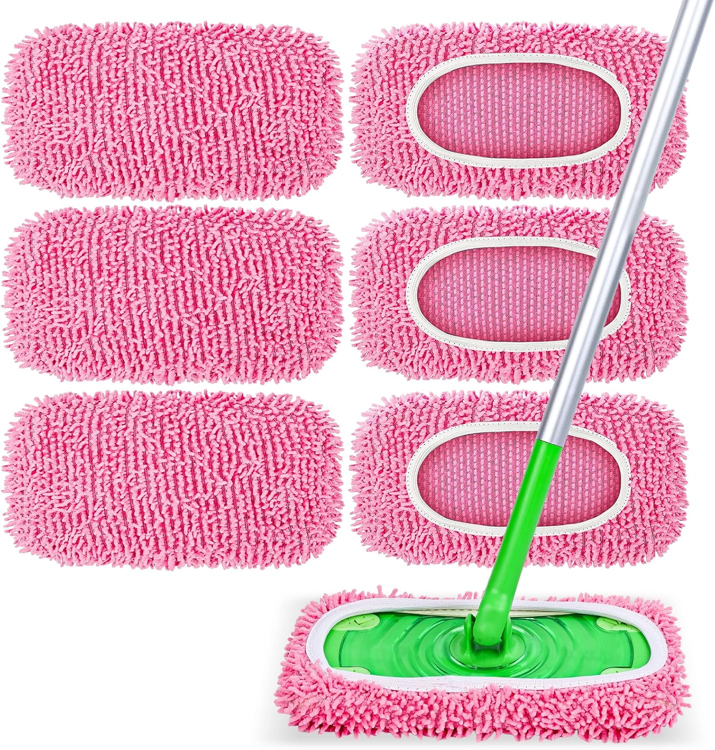 6 Pack Reusable Mop Pads Compatible with Swiffer Sweeper, Chenille Mop Refill Pads, Dry & Wet Mopping Cloths for Floor Cleaning -Pink