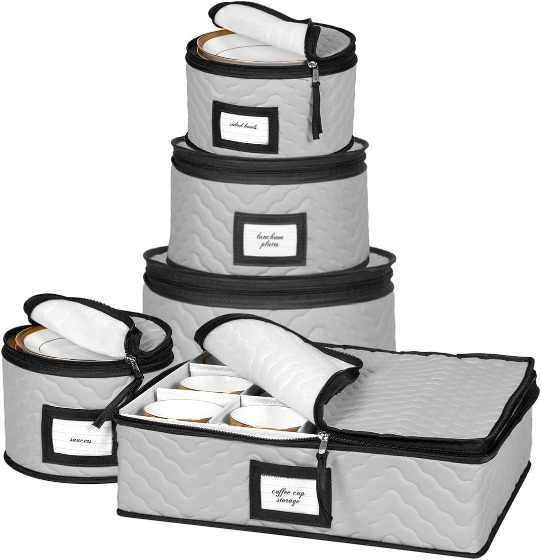 China Storage Containers 5-Piece Set Moving Boxes for Dinnerware, Glasses, Plates, Mugs and Saucers Sturdy Quilted Microfiber Dish Organizer with Dividers for Seasonal Storage – Holds Set of 12, Gray