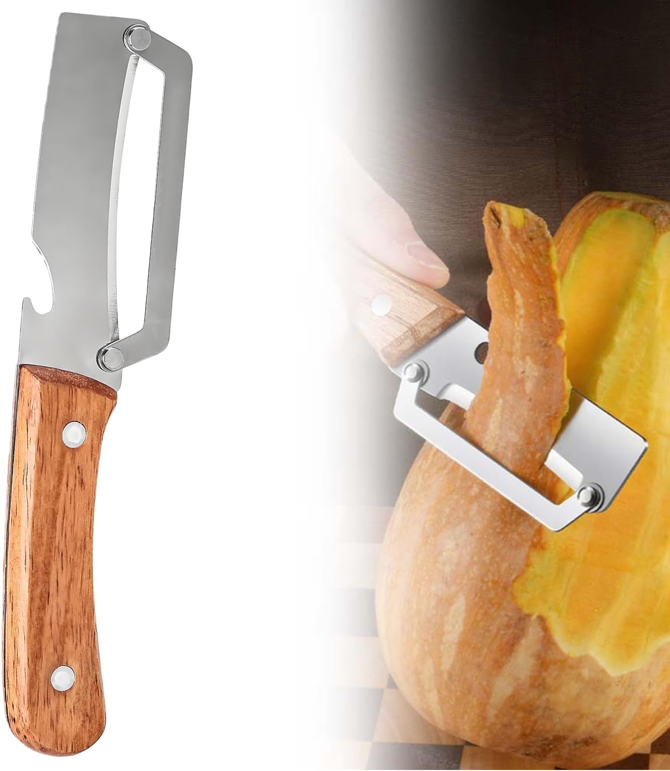 Vegetable Peeler with Wooden Handle, Multifunctional Fruit Peeler for Kitchen, Stainless Steel Blade Peeler with Built-in Bottle Opener (1PC)