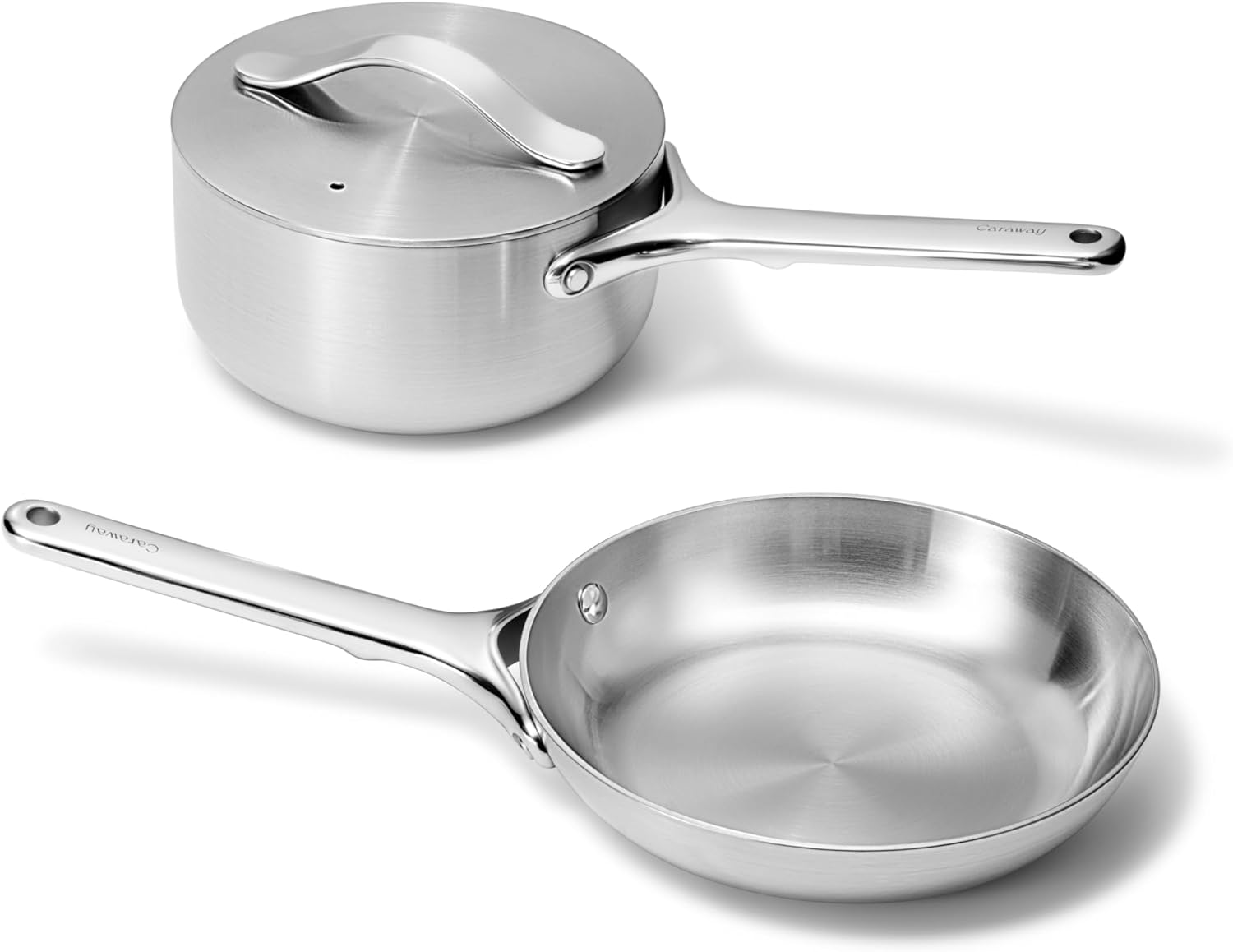 Caraway Stainless Steel Mini Duo – 5-Ply Stainless Steel Fry Pan (8 In) & Sauce Pan (1.75 Qt) – Oven Safe & Stovetop Agnostic – Non Toxic, PTFE & PFOA Free