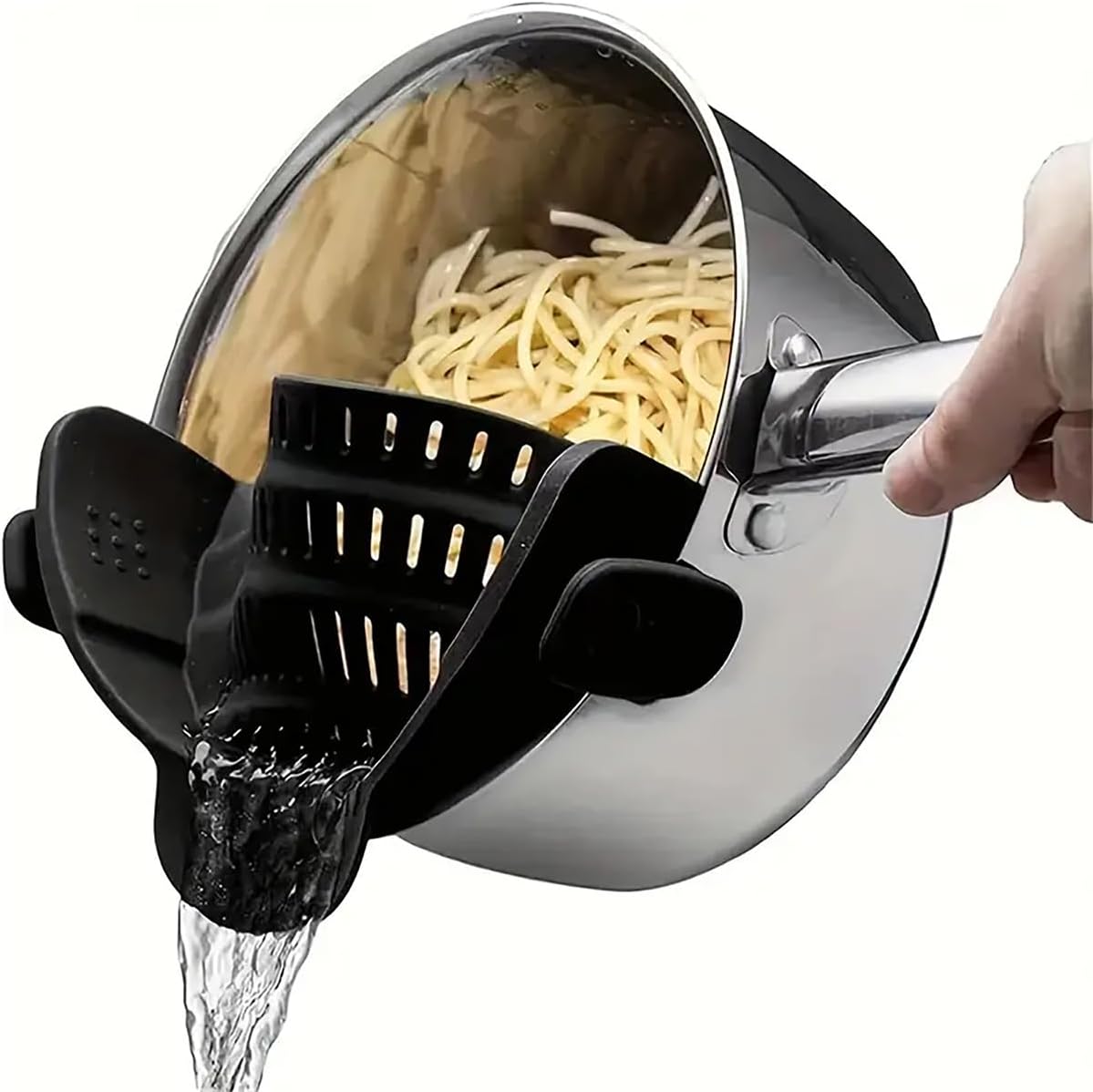 Kitchen Strainer – Silicone Clip-On Colander, Heat Resistant Drainer for Vegetables and Pasta Noodles, Kitchen Gadgets for Bowl, Pots, and Pans – Essential Home Cooking Tools Noodle Filter-Black