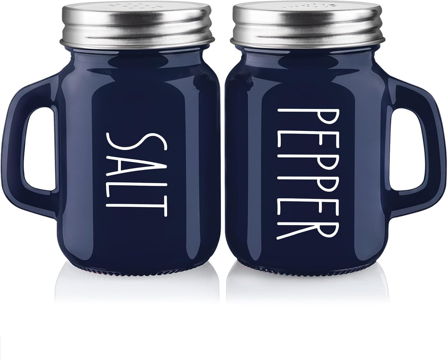 Navy Blue Salt and Pepper Shakers Set, 4 oz Cute Modern Glass Shaker Sets with Stainless Steel Lids, Blue Kitchen Decor and Accessories for Home Restaurants Weddings