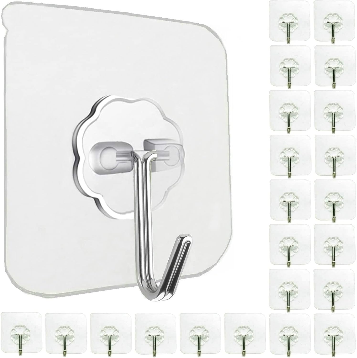 Jwxstore 24 Pack Self Adhesive Hooks Heavy Duty – 33lb Max, Transparent, Waterproof, Sticky Wall Hooks for Keys, Bathroom, Shower, Outdoor, Kitchen, Door, Home Improvement, Utility Hooks