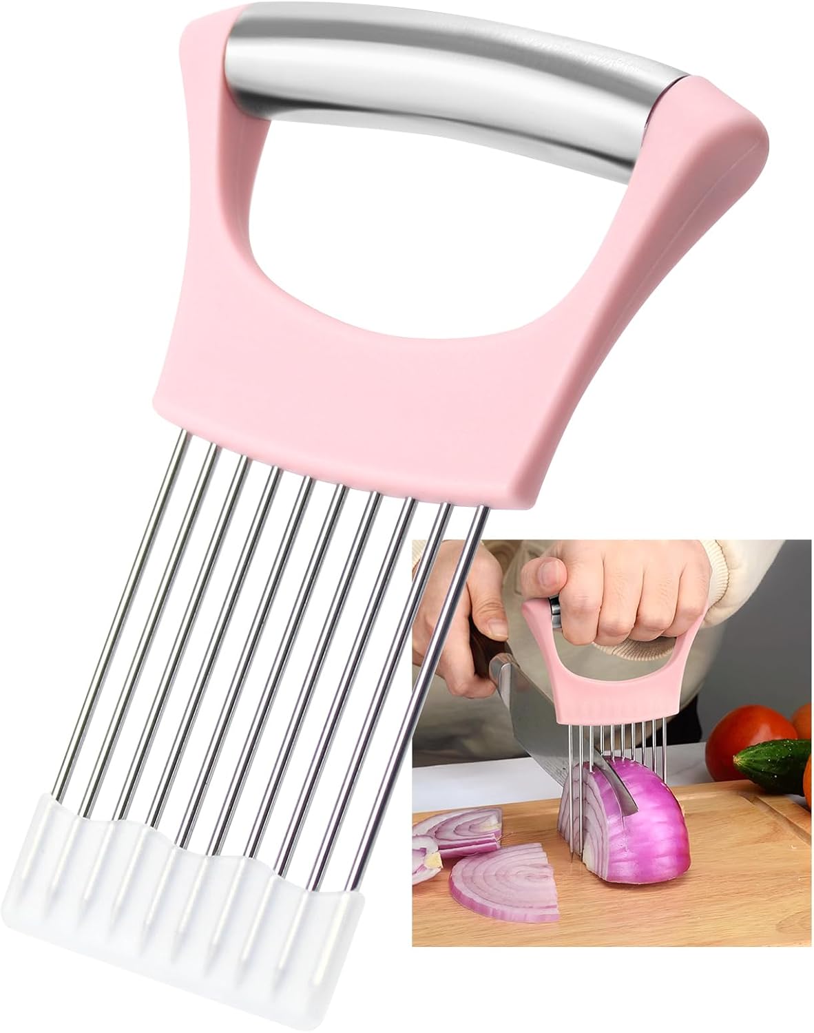 Pink Stainless Steel Onion Holder for Slicing,Onion Slicer Holder, Onion Cutter for Slicing of Onions, Tomatoes,Avocados,Eggs and Other Vegetables,Valentine’s Day Gift Kitchen Utensils (Pink)