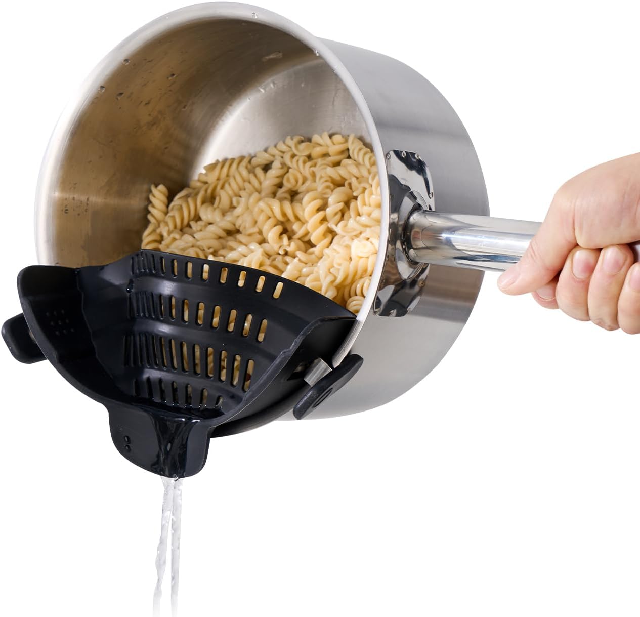 S&F Homes Silicone Clip On Strainer for Pots and Pans – Heat Resistant, Food, Noodle, Meat, Fruits, Vegetables and Pasta Strainer – Versatile Kitchen Gadget and Colander (Black)