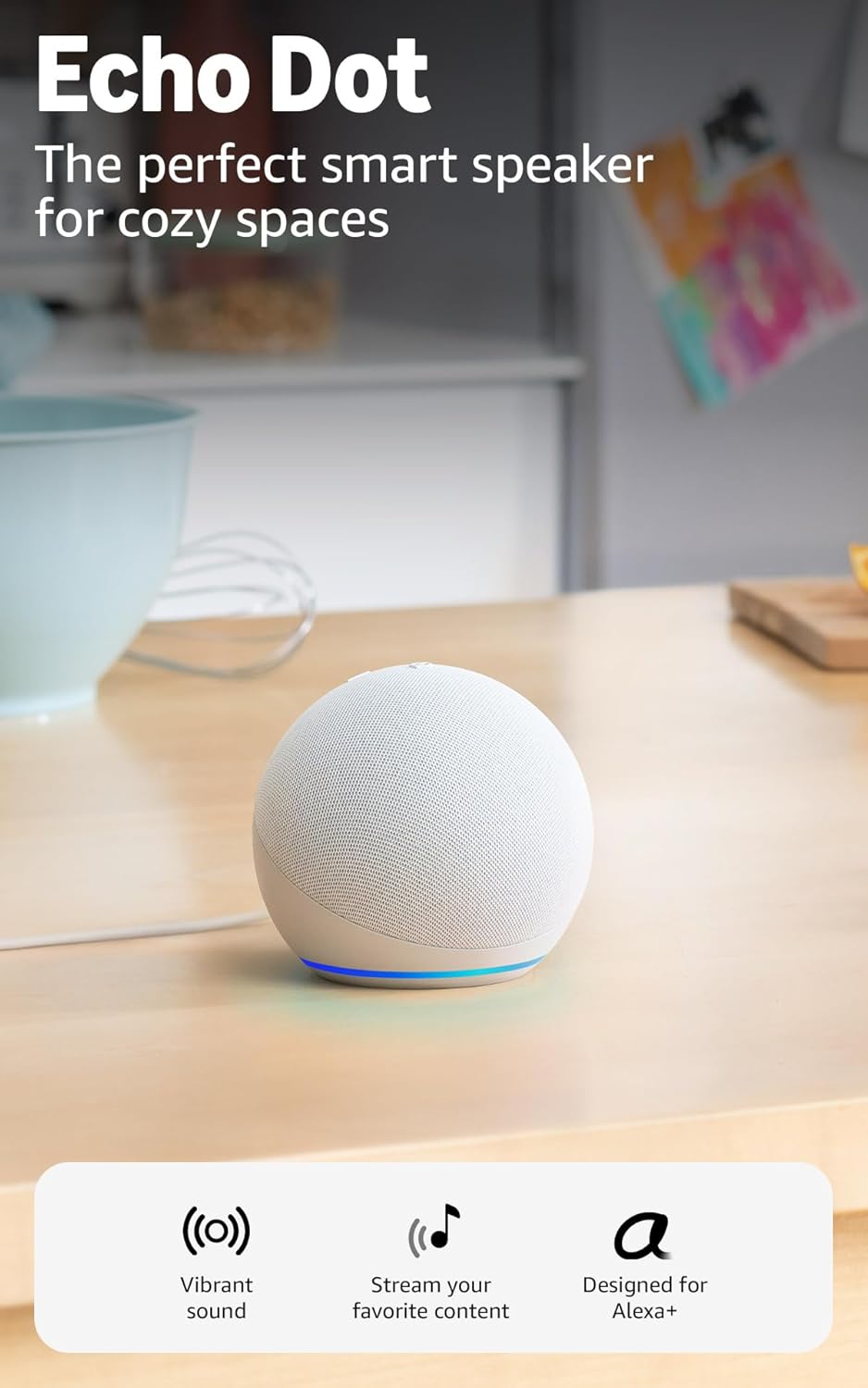 Amazon Echo Dot (newest model) – Vibrant sounding speaker, Designed for Alexa+, Great for bedrooms, dining rooms and offices, Glacier White