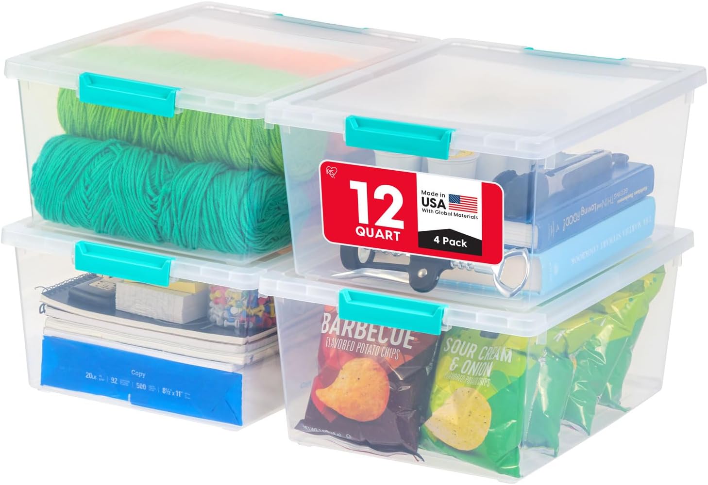 IRIS USA 12 Qt. Craft Storage Bins with Lids, 4-Pack, |Made in USA|, Clip Box, Medium Plastic Sensory Bin Tote Organizer Containers for Art Supplies, Paper, & Office, Stackable – Clear/Seafoam Blue