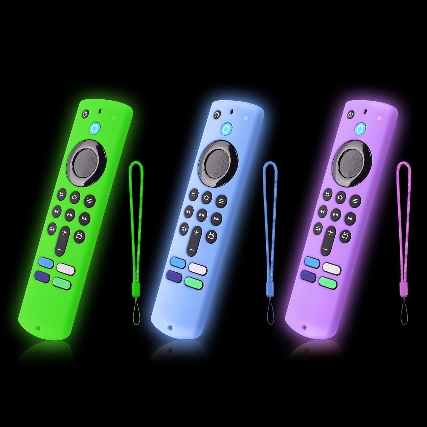 3-Pack Glowing Remote Cover Compatible with Alexa FireTV Stick, HD, 3rd Gen., 4K Remote Controller, Silicone Protective Case with Lanyard, Glowing Green + Glow Blue + Glow Purple