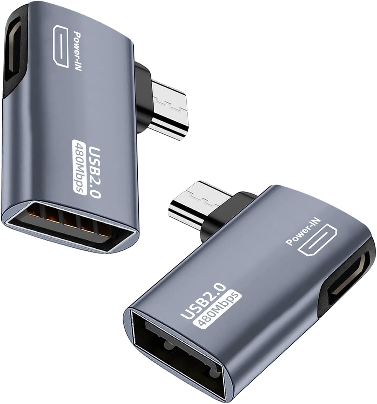 AreMe 2 Pack OTG Cable Adapter for Fire TV Stick 4K, 90 Degree Left and Right Angle Powered Micro USB to USB OTG Adapter for Android Phone Tablet and More Host Devices with Micro USB (Grey)