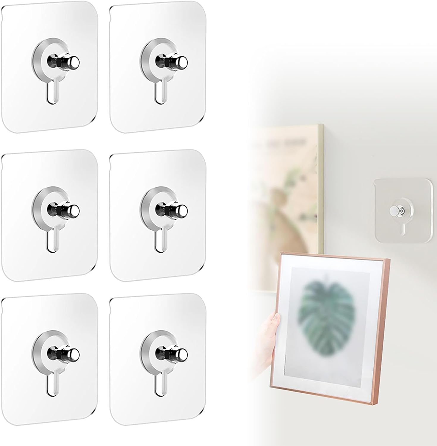 Picture Hangers Without Nails, 20 Ibs Load Heavy Duty Self Adhesive Wall Hooks No Drill Hooks for Hanging, Upgraded Picture Hangers Without Nails Nail Free Wall Hangers for Home (2.36″ × 2.36″, 6pcs)