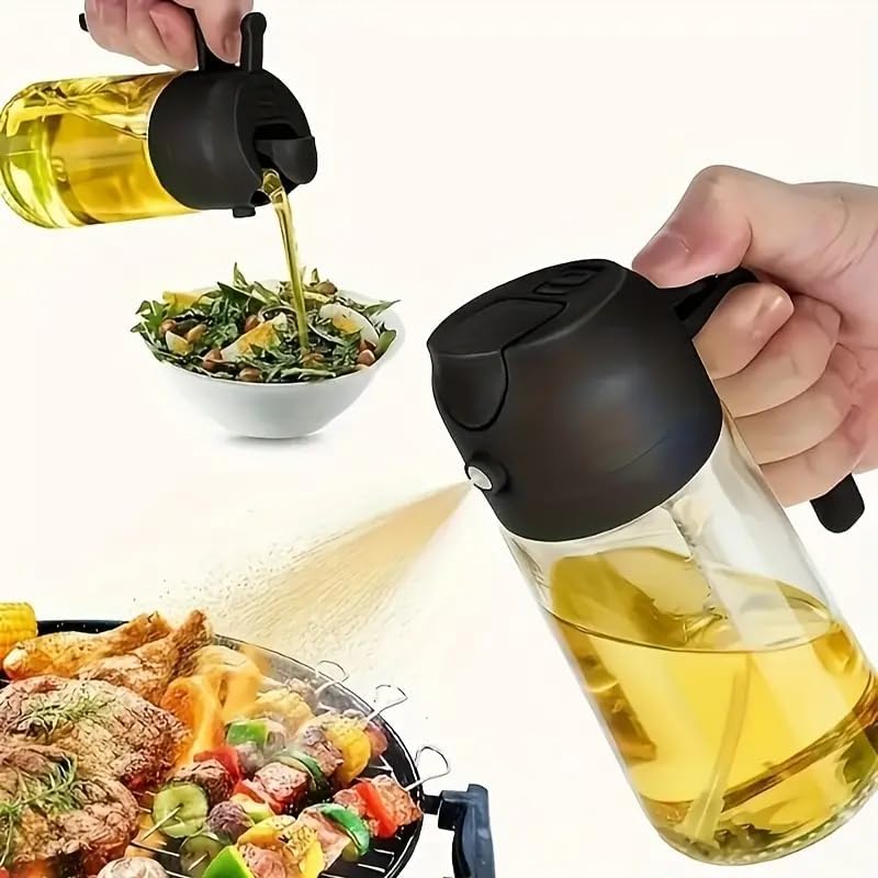 2-In-1 Portable Oil Sprayer and Dispenser, Including an Oil Sprayer and a Pouring Spout, Capacity 15.89 Ounces, for Cooking, Grilling, Air Fryers, Baking, and Salad Making, Black